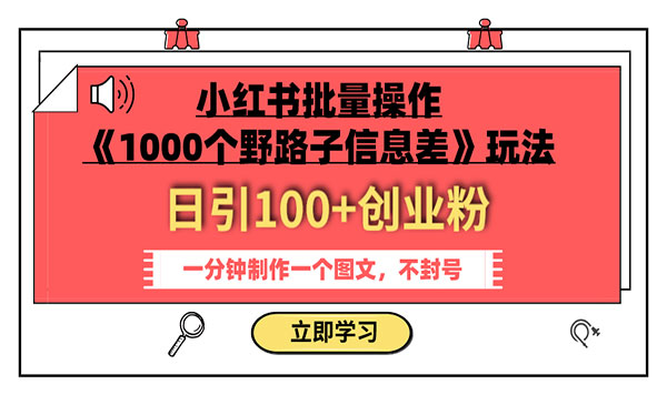 《1000个野路子信息差》小红书玩法，日引100+创业粉 一分钟一个图文采金-游戏-网盘-资源采金cai.gold